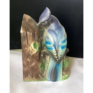 Blue Jay Bird Figurine Perched On Ceramic “Wood” Branch Made in Japan Vintage
